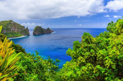 Panoramic coastal view of the National Park of American Samoa with dramatic green cliffs and rocky offshore formations rising from brilliant blue ocean water. Dense tropical foliage frames the foreground beneath a partly cloudy sky.