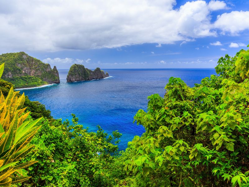 Panoramic coastal view of the National Park of American Samoa with dramatic green cliffs and rocky offshore formations rising from brilliant blue ocean water. Dense tropical foliage frames the foreground beneath a partly cloudy sky.