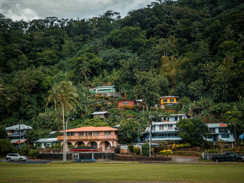 Colorful houses with peach, orange, yellow, and blue walls sit among palm trees and thick tropical vegetation at the base of a rainforest covered hillside in American Samoa. A grassy field and narrow road stretch across the foreground beneath an overcast sky.