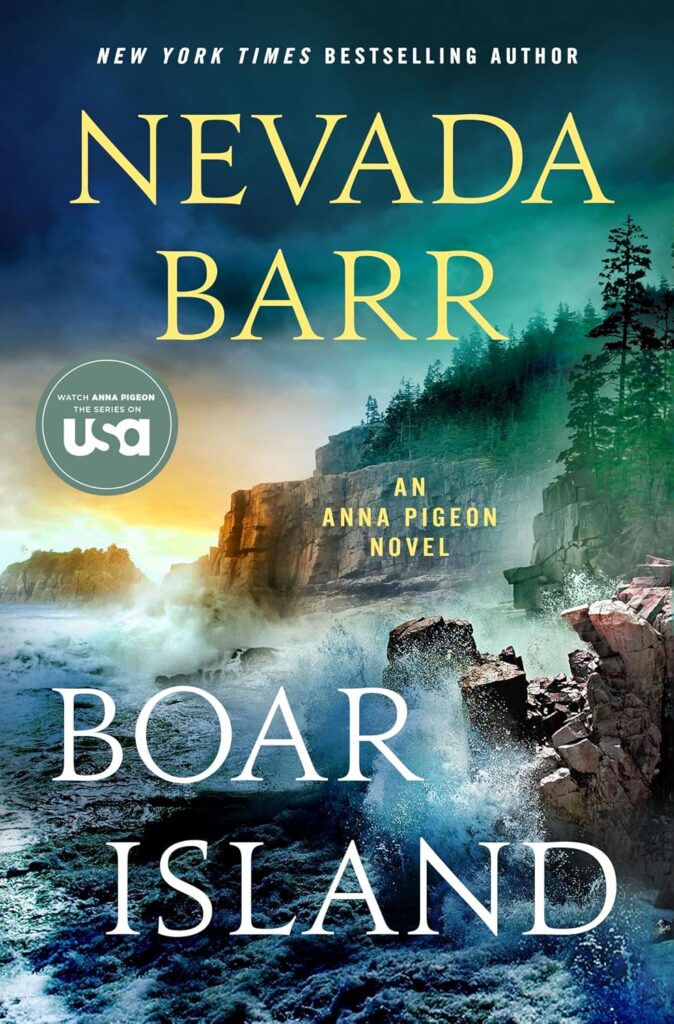 Book cover of "Boar Island" by Nevada Barr, identified as "An Anna Pigeon Novel" with a badge promoting the Anna Pigeon series on USA. Powerful ocean waves crash against rugged granite cliffs beneath a dark blue and turquoise sky, creating a dramatic coastal scene.
