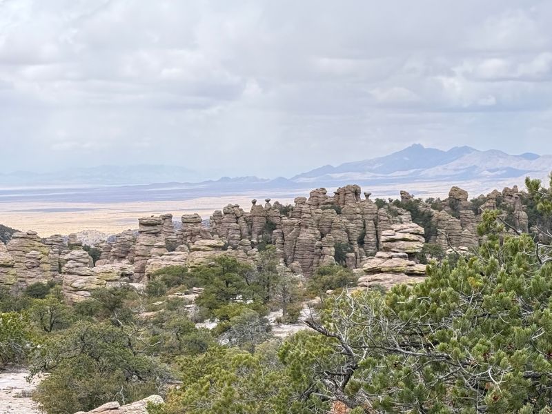 Panoramic view of the unusual stacked rock formations at Chiricahua National Monument, with hundreds of weathered stone pillars rising above a forest of green trees. A broad desert valley and distant blue mountains stretch toward the horizon beneath a cloudy sky.
