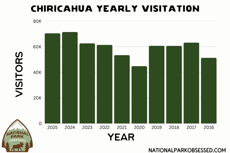 Bar graph titled "Chiricahua Yearly Visitation" showing annual visitor totals from 2016 through 2025. Approximately 51000 visitors in 2016. 63000 in 2017. 60000 in 2018 and 2019. 45000 in 2020. 53000 in 2021. 61000 in 2022. 62000 in 2023. 71000 in 2024. 70000 in 2025. The highest visitation occurred in 2024 and the lowest in 2020.