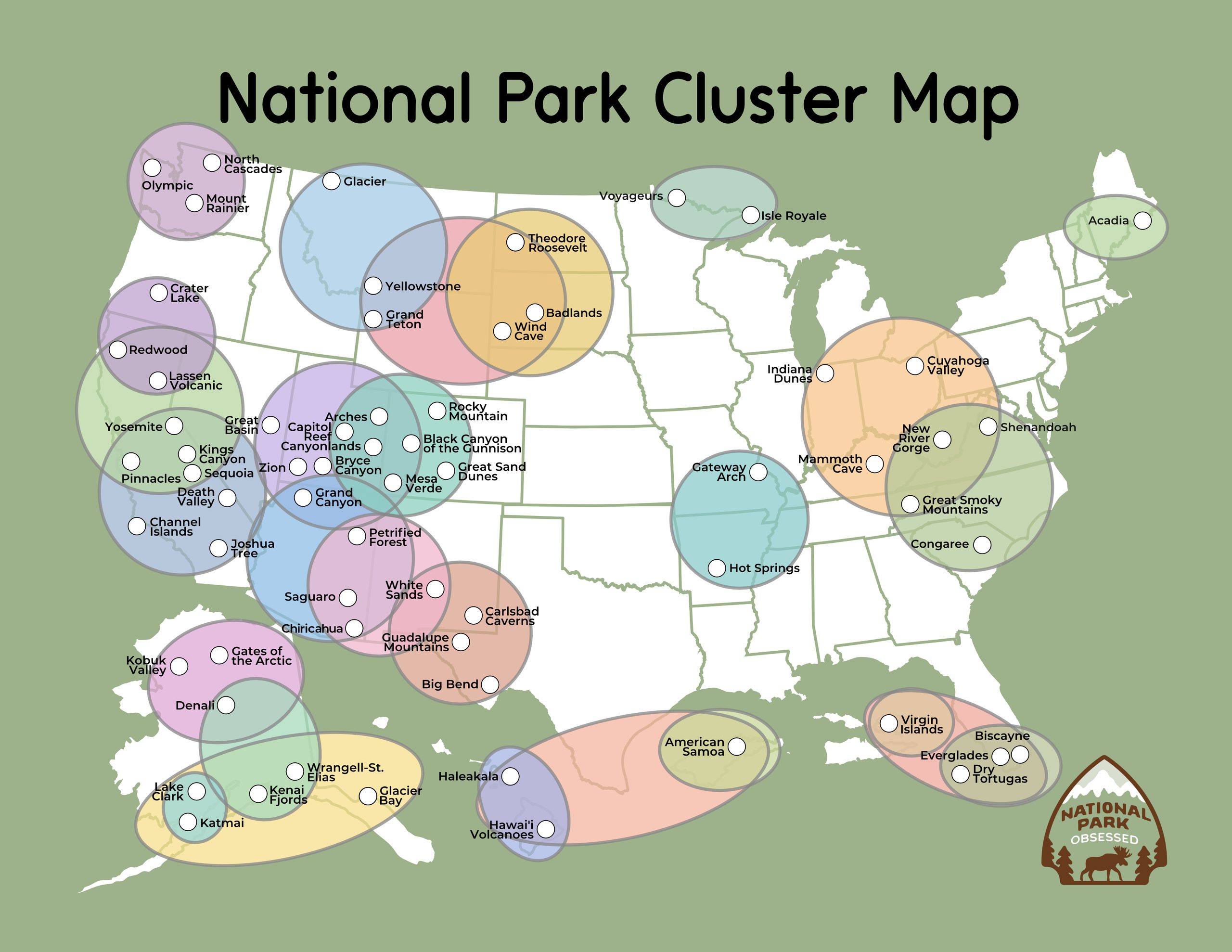 National Park Cluster Map of the United States showing national parks grouped into color coded, overlapping circles based on their geographic proximity. The map includes parks across the continental United States, Alaska, Hawaii, American Samoa, and the Virgin Islands, highlighting nearby parks that can be combined into one road trip or itinerary.